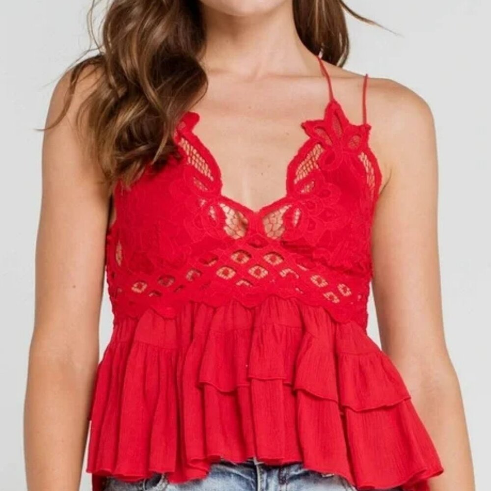 Free People Flowy Tiered Adella Peplum Cami Lace Ruffled Tank Blouse/Top Red NWT